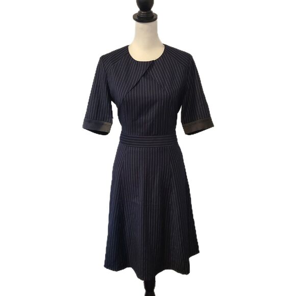 Estee Lauder Navy Blue Pinstripe Tulip Style Fit & Flare Vintage Dress, Size 8 - Picture 1 of 10